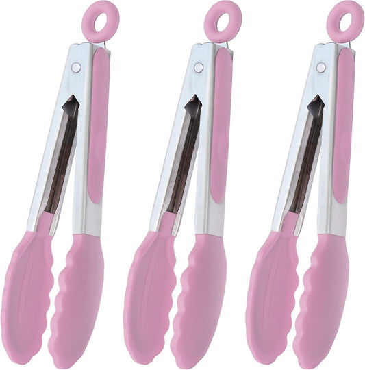 HINMAY Small Serving Tongs with Silicone Tips 7-Inch Mini Tongs, Set of 3 (Pink)