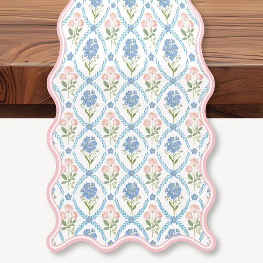 WADORN Watercolor Rose Flower Table Runner, 13x72 Inch Seasonal Spring Summer Kitchen Dining Table Decoration Pink Blue Floral Scalloped Tables Runner for Home Holiday Party Wedding Birthday Decor
