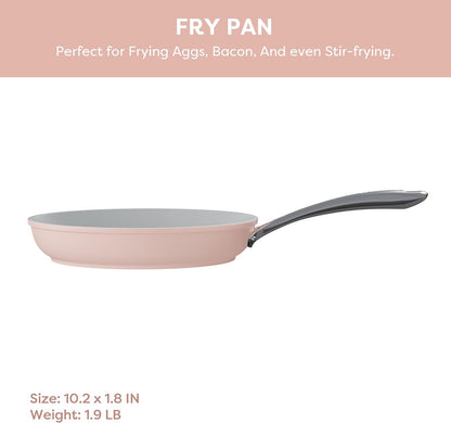 CIARRA Non Stick Frying Pan (10.2") & Ceramic Sauce Pan (3qt) - Non Toxic, PTFE & PFOA Free - Oven Safe & Compatible with All Stovetops, Pink