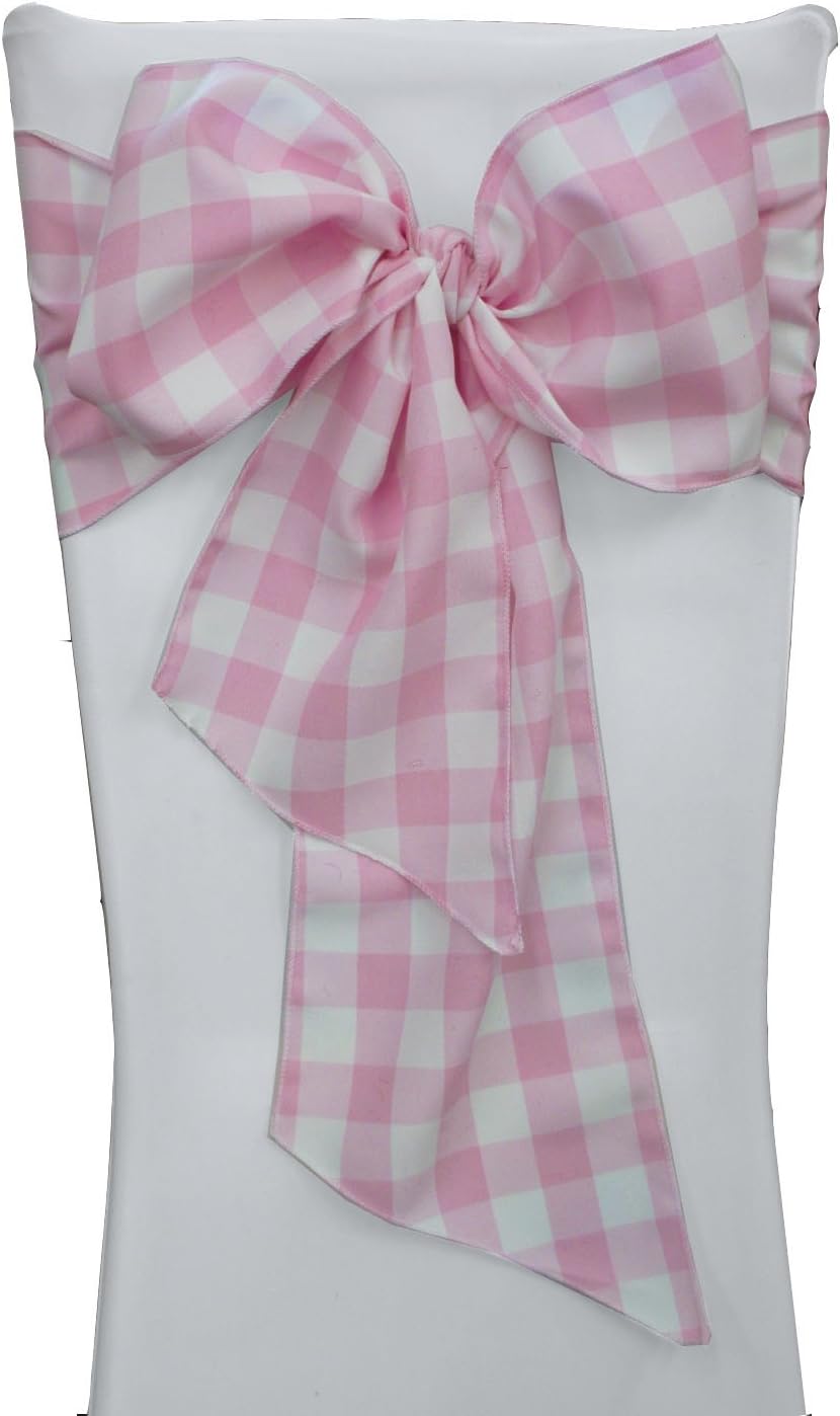 LA Linen Checkered Chair Bows Sashes, 10-Pack, 7, Pink/White 7 by 108-Inch
