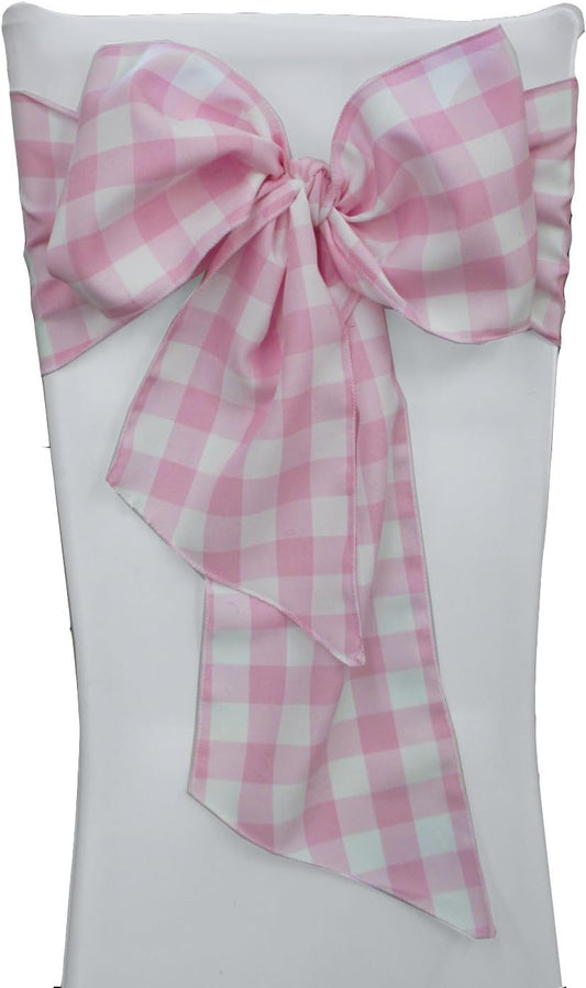 LA Linen Checkered Chair Bows Sashes, 10-Pack, 7, Pink/White 7 by 108-Inch