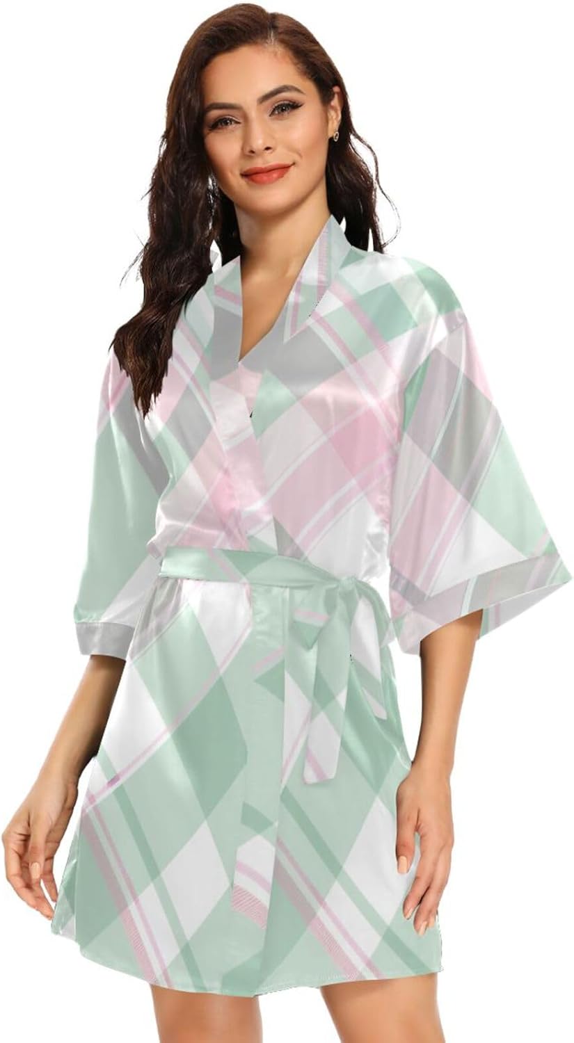 Ladies Mint Green Pink Check Bathrobes Warm Nightgowns for Women Home Beach