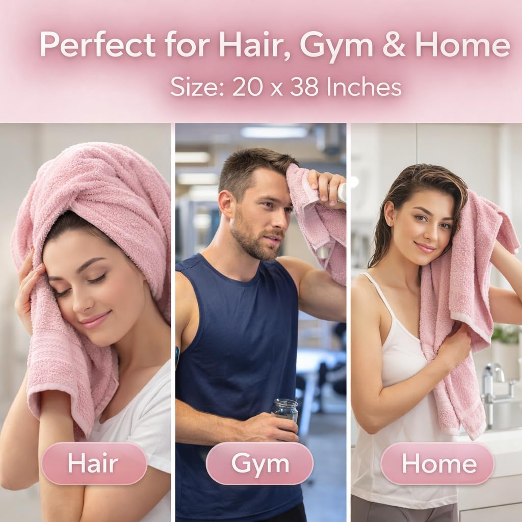 6 Pack Hair Towels 20”x38” – 100% Ring Spun Cotton Towels,Ultra Soft, Quick Dry & Highly Absorbent – Lightweight Towels for Bathroom, Hand, Gym, Salon & Home – Oeko-Tex Certified (Pink)