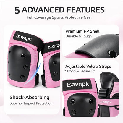 Knee and Elbow Pads Set for Women & Teens – Pink Skateboarding Protective Gear with Wrist Guards, Adjustable Skate Pads for Roller Skating, Inline Skating, Cycling (S/M/L)