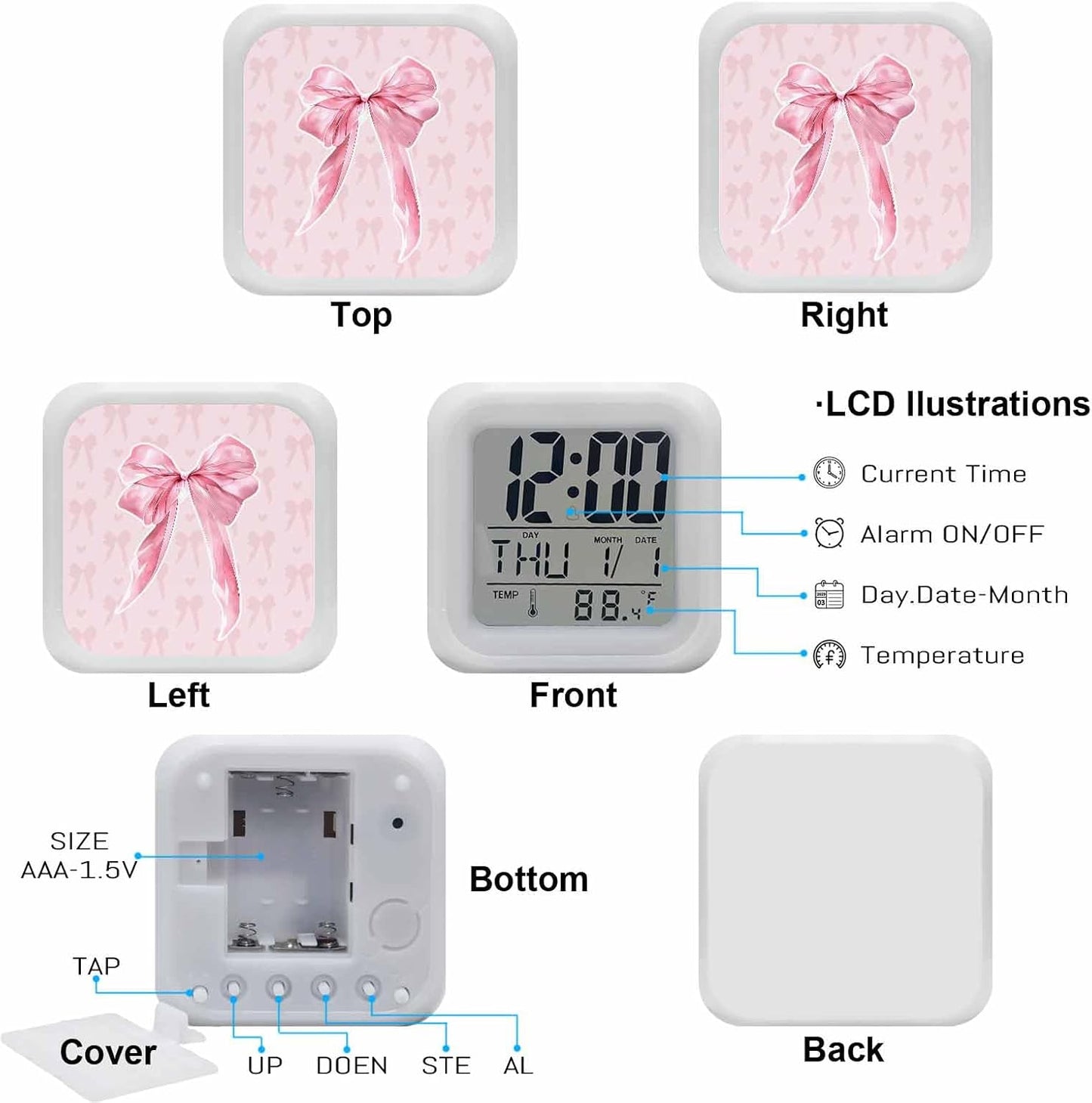 Pink Bow Alarm Clock, Cute Coquette Watercolor Bow Knot Ribbon Love Heart Digital Clock Night Light with 7 Color, Calendar Temperature Display, NightLight Clock for Bedroom, 3.2x3.2in
