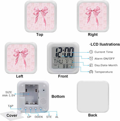 Pink Bow Alarm Clock, Cute Coquette Watercolor Bow Knot Ribbon Love Heart Digital Clock Night Light with 7 Color, Calendar Temperature Display, NightLight Clock for Bedroom, 3.2x3.2in