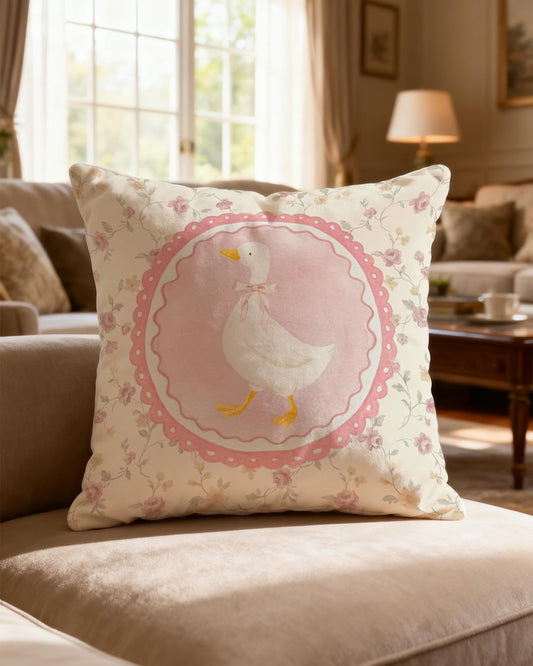 Goose Pillow Cover 18x18 Inch – Vintage Coquette Pink Floral Throw Pillow Case with Bow Goose Cameo – Grandmillennial Cottagecore Decorative Cushion Cover for Nursery, Girls Bedroom Decor