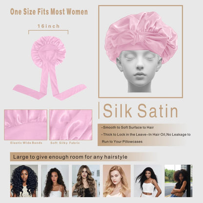 VECIIR Silk Bonnet for Sleeping Women, Ajustable Hair Bonnet for Curly Hair with Tie Band Shower Caps Pink，Large