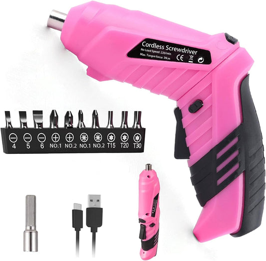 Soleilwear Electric Screwdriver 12pcs 3.6V USB Cordless Rechargeable Screwdriver Set, Power Pink Tools with Driver Bit Set for Women