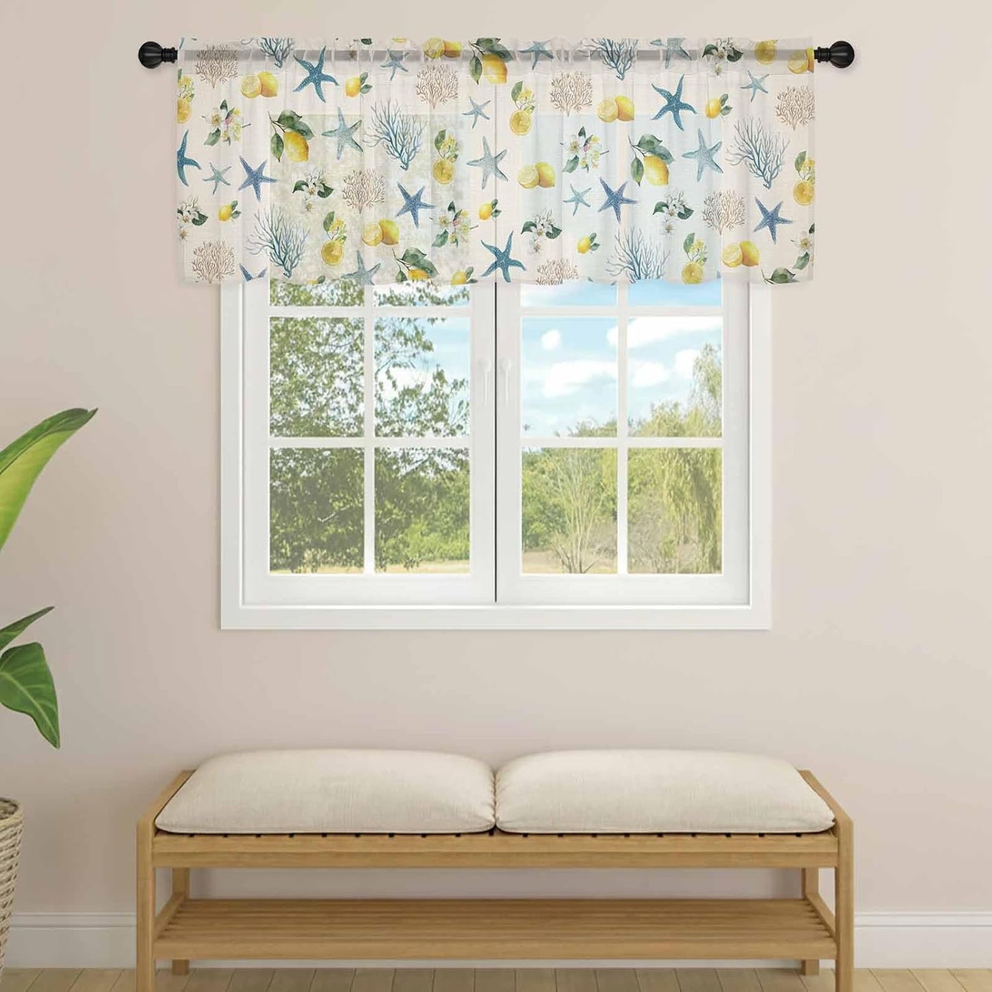 Summer Ocean Starfish Sheer Curtains Valances for Windows Lemons Coastal Coral Flowers Beige Chiffon Kitchen Valances for Cafe, Voile Window Treatments Curtains for Living Room Bedroom, 54"x18"