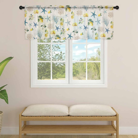 Summer Ocean Starfish Sheer Curtains Valances for Windows Lemons Coastal Coral Flowers Beige Chiffon Kitchen Valances for Cafe, Voile Window Treatments Curtains for Living Room Bedroom, 54"x18"