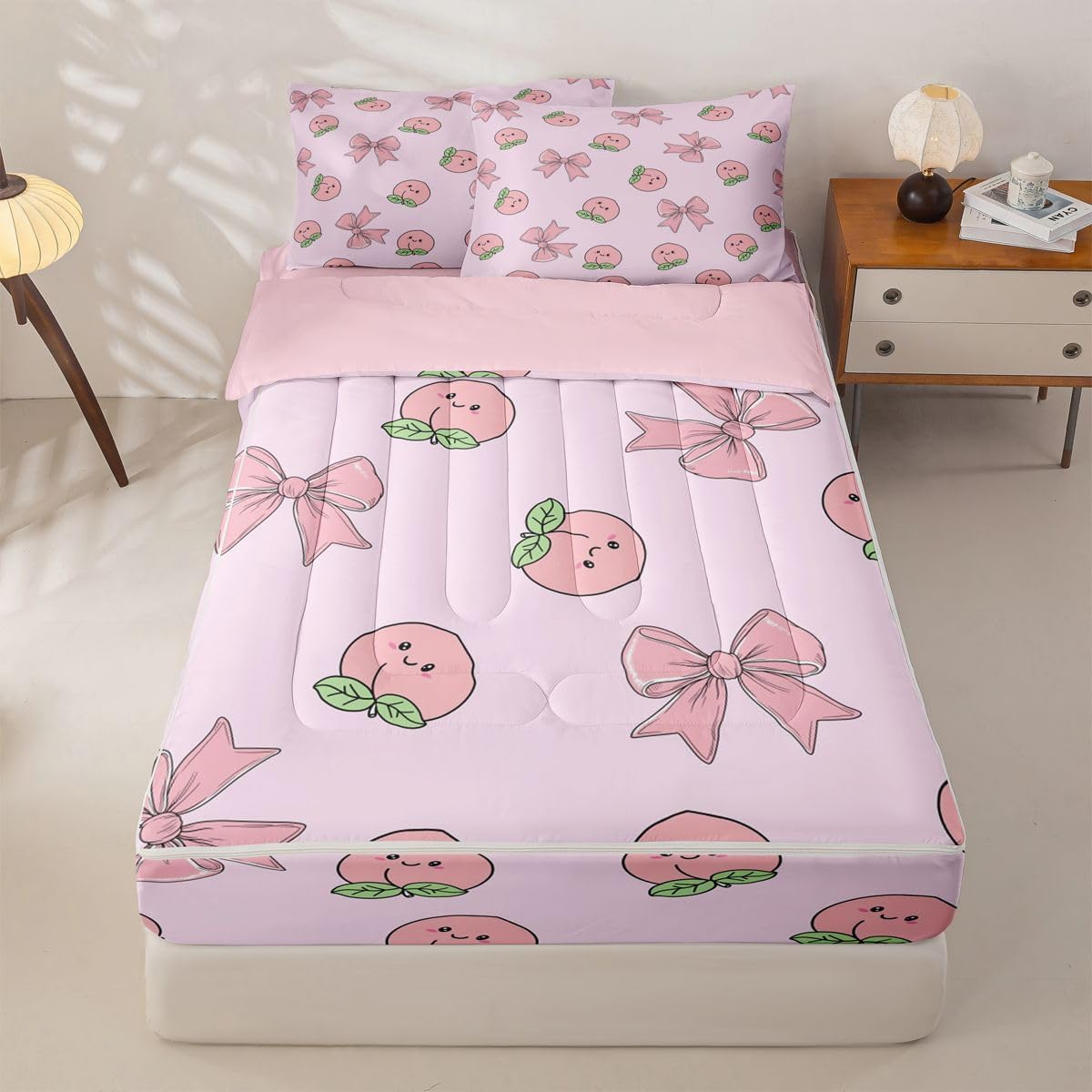 Erosebridal Bowknot Zipper Comforter Set Queen Peach Bedding Set Cute Cartoon Peaches Kawaii Pink Bow Bed in a Bag Fruit Princess Ribbon Bowtie Zippered Quilt Fitted Sheet,2 Pillowcases