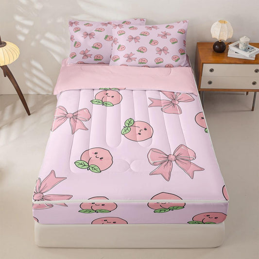 Erosebridal Bowknot Zipper Comforter Set Queen Peach Bedding Set Cute Cartoon Peaches Kawaii Pink Bow Bed in a Bag Fruit Princess Ribbon Bowtie Zippered Quilt Fitted Sheet,2 Pillowcases