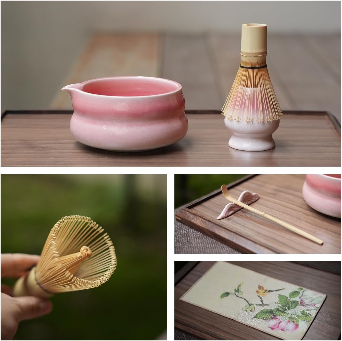 7pcs sunset pink matcha whisk set with cute 'Chubby Belly' design - complete matcha kit set includes bamboo whisk, bowl, stand, scoop, sifter, towel -ideal gift for women and Japanese tea ceremony