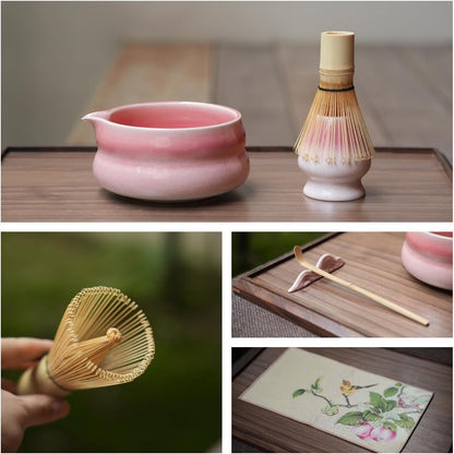 7pcs sunset pink matcha whisk set with cute 'Chubby Belly' design - complete matcha kit set includes bamboo whisk, bowl, stand, scoop, sifter, towel -ideal gift for women and Japanese tea ceremony