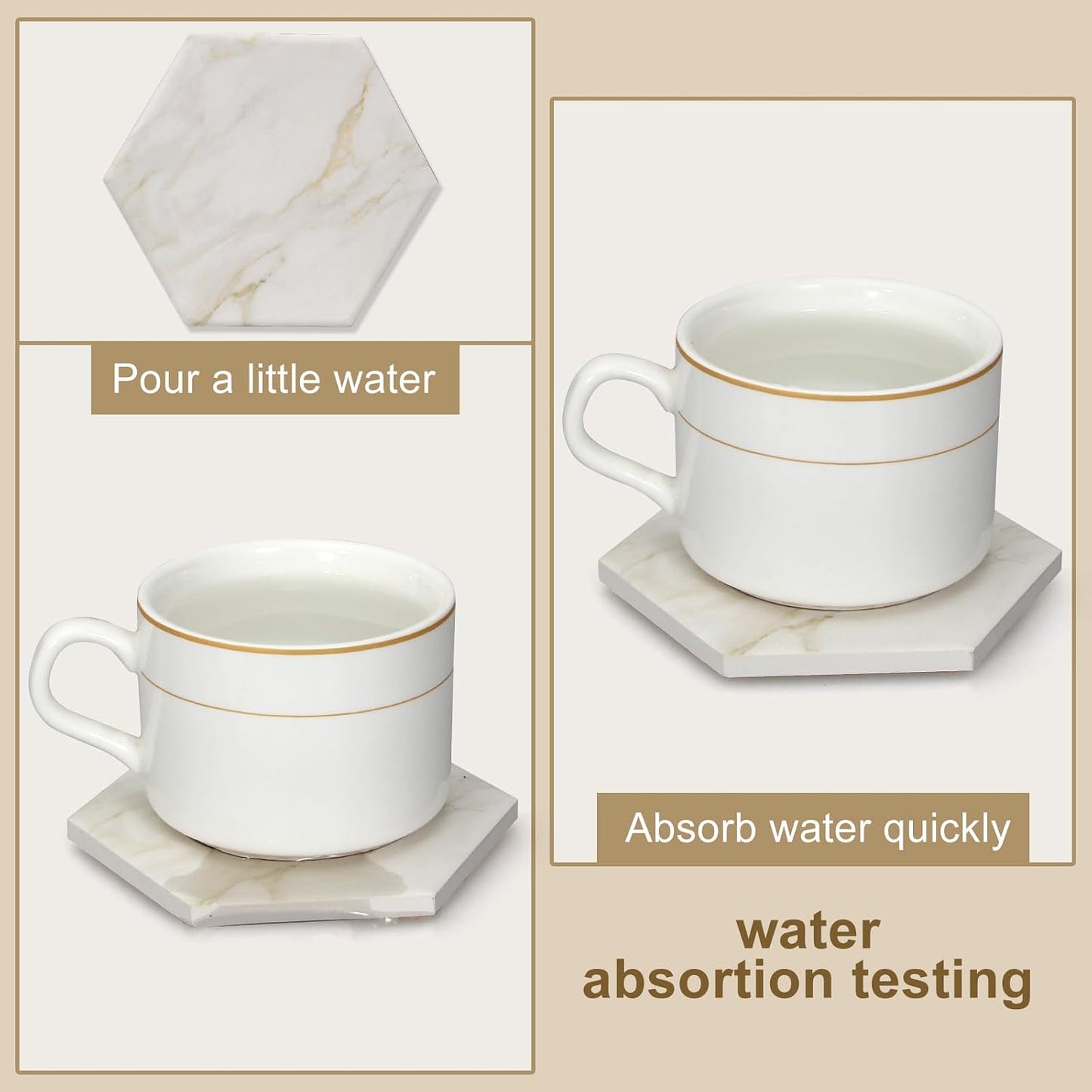 6Pcs White Marble Coaster Set with Holder Hexagon Ceramic Coasters Absorbent Coasters Drink Coasters Set for Coffee Table Bar Coasters Wine Coasters Modern Coasters Beer Coasters Cup Coasters