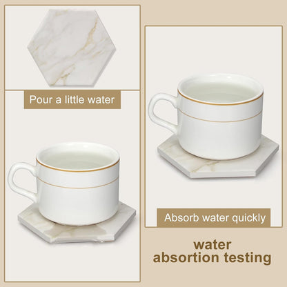 6Pcs White Marble Coaster Set with Holder Hexagon Ceramic Coasters Absorbent Coasters Drink Coasters Set for Coffee Table Bar Coasters Wine Coasters Modern Coasters Beer Coasters Cup Coasters