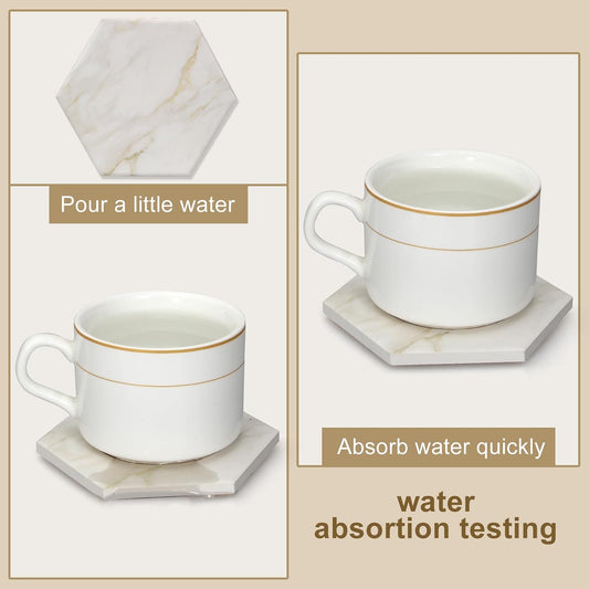 6Pcs White Marble Coaster Set with Holder Hexagon Ceramic Coasters Absorbent Coasters Drink Coasters Set for Coffee Table Bar Coasters Wine Coasters Modern Coasters Beer Coasters Cup Coasters