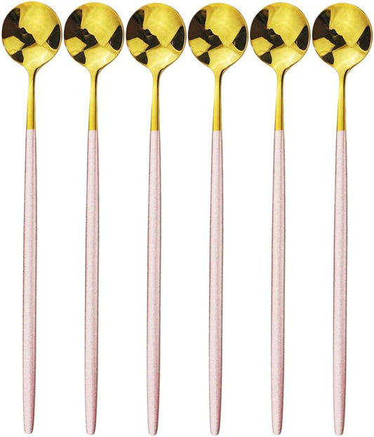 Pink Gold Long Handled 304 Stainless Steel Cutlery Ice Cream Tea Spoons Mixing Spoon Dinnerware Tableware Kitchen Service Party Set 6 pieces