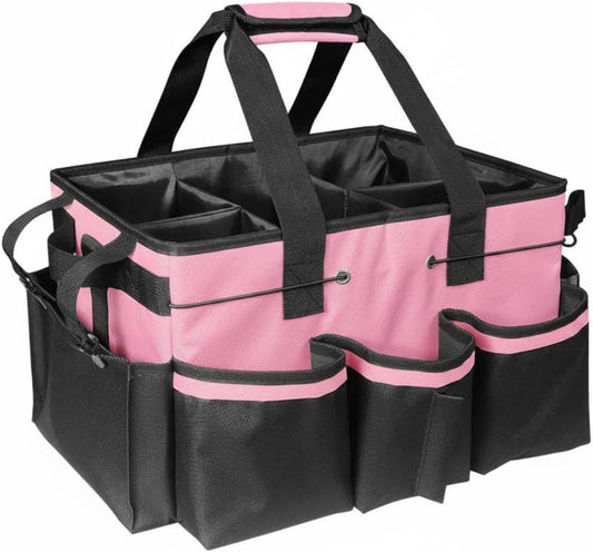 Janitorial Supply Bag Waterproof Housekeeping Tool Bag Heavy Duty Multi-Compartment Organizer Tote for Housekeepers, Cleaners, Car Wash, Gardening, Pink Black