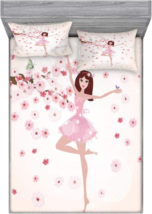 Ambesonne Ballet Fitted Sheet & Pillow Sham Set, Ballerina with Inspirational Spring Flowers Butterfly Sakura Tree, Decorative Printed 3 Piece Bedding Decor Set, Queen, Peach Rose