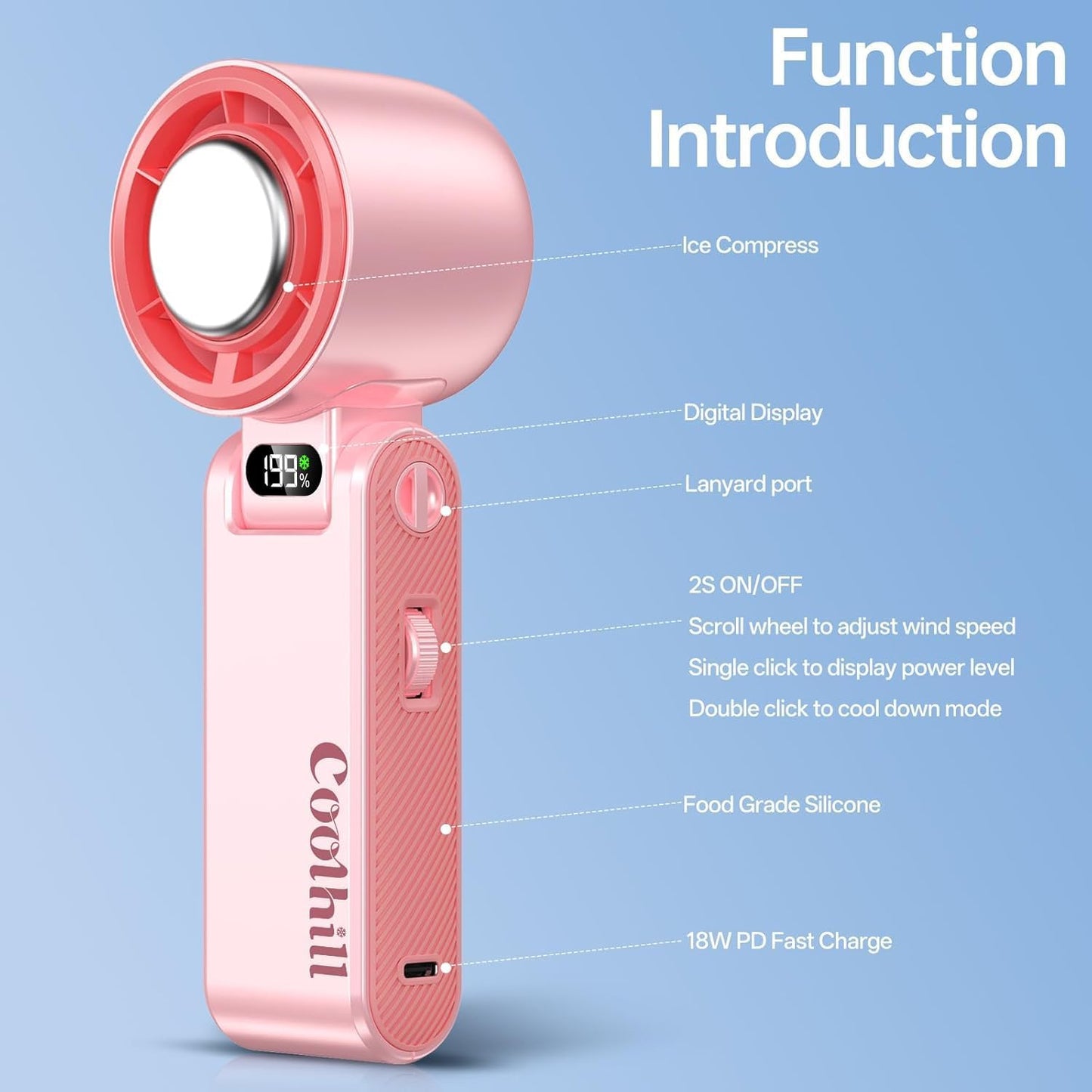 Handheld Portable Fan with Ice Cooler: 199-Speed 5500mAh Rechargeable Handheld Fan, 12H Time Hand Cooling Personal Fans with 20000 RPM Air Turbo Tech for Travel Outdoor (Pink)