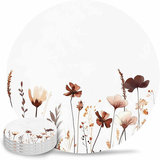 Fall Flower Coaster Set of 6 Light Pink Flower Vintage Leaves Harvest Absorbent Drink Coasters with Holder Ceramic Coaster for Table Dining Cup Mat for Kitche Cafe Bar Warming Gifts 4 Inches
