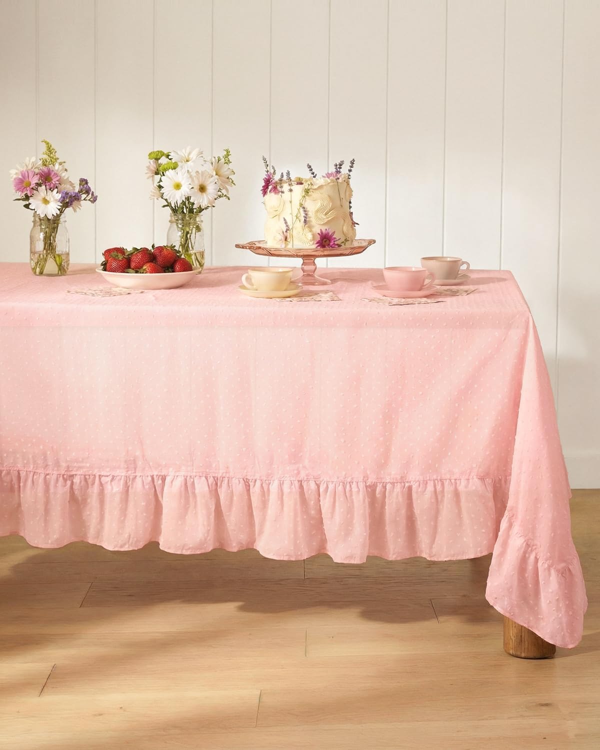 xo, Fetti Ruffle Tablecloth - Pink Polka Dot | Tea Party, Sheer Baby Pink Tablecloth, Party Decorations, Girly Decor, Coquette, Pastel