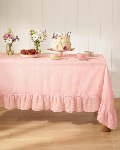 xo, Fetti Ruffle Tablecloth - Pink Polka Dot | Tea Party, Sheer Baby Pink Tablecloth, Party Decorations, Girly Decor, Coquette, Pastel
