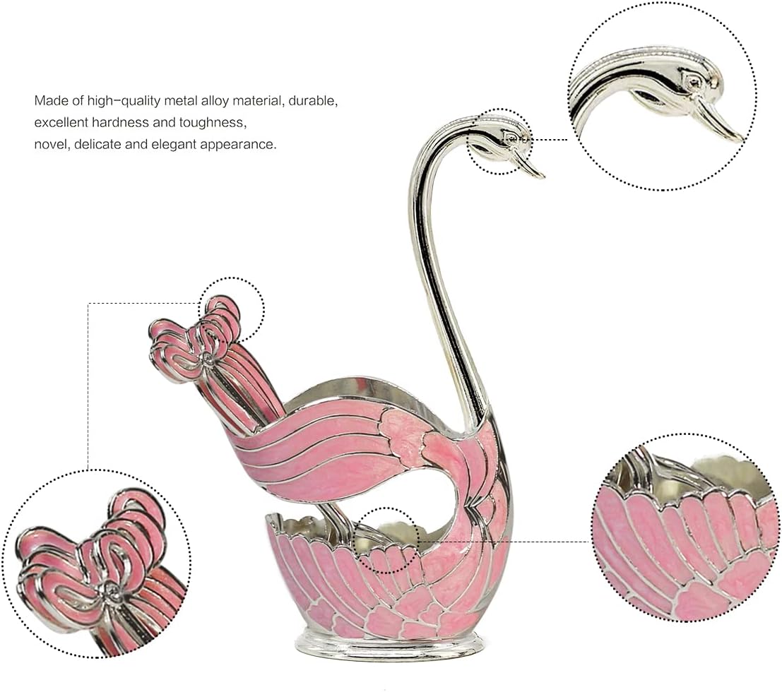 Flylin Metal Swan Base Holder: 6pcs Organizer Set with Ice Cream Spoons, Teaspoons, Dessert Spoon + Spoon Holder (Pink)