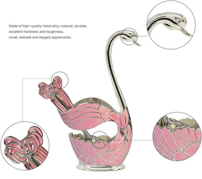 Flylin Metal Swan Base Holder: 6pcs Organizer Set with Ice Cream Spoons, Teaspoons, Dessert Spoon + Spoon Holder (Pink)