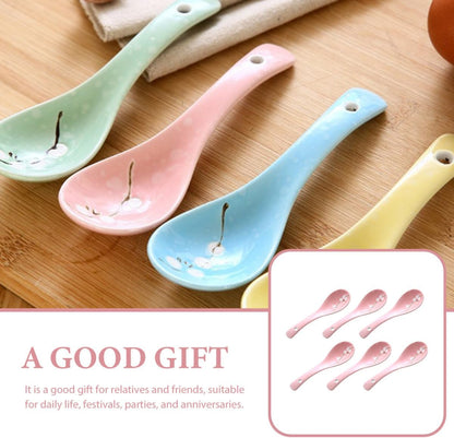6pcs Japanese Ceramic Porridge Spoons Pink Small Soup Spoons Household Kitchen Utensils for Dining and Restaurant Use