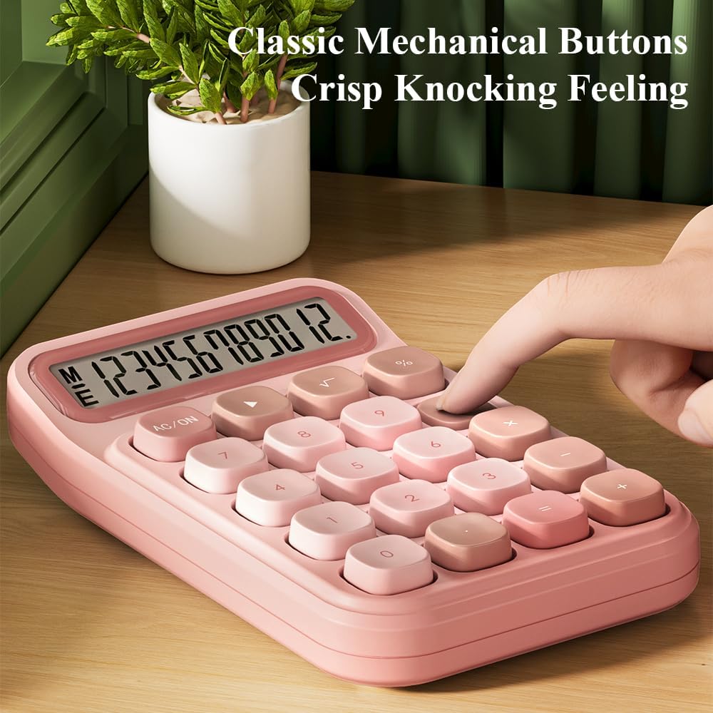 M&G Mechanical Switch Calculator, 12 Digits, Large LCD Display and Big Buttons, Cute Pink Desktop Calculator for Office, Home, School (Battery Included)