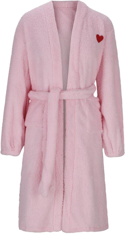Fuzzy Soft Robes for Women Soft Cozy Long Plush Robe Heart Fluffy Warm Bathrobes with Pockets Ladies Loungewear