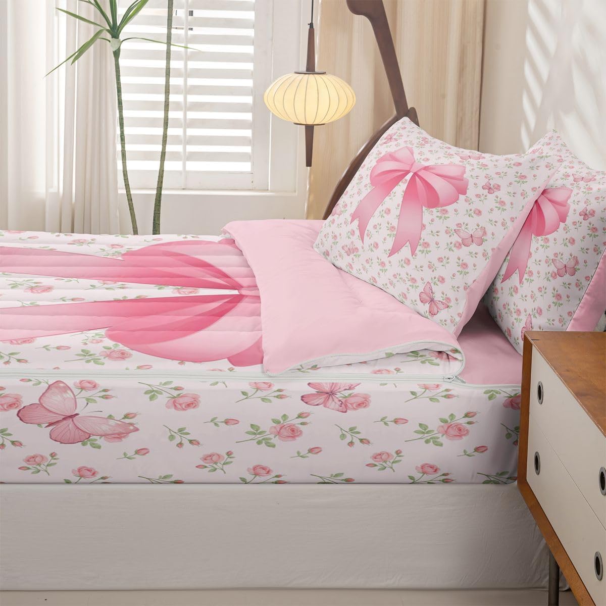 Feelyou Cute Bow Comforter Set Queen Size Zipper Bedding Set for Girls Boys Floral Butterfly Comforter with Fitted Sheet, Pillowcases Flower Pink Zipper Bedding Soft Breathable Bed in a Bag