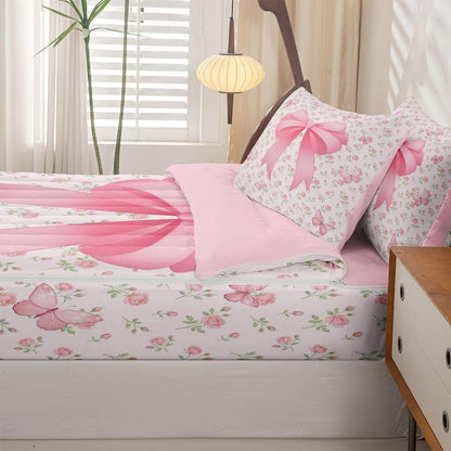 Feelyou Cute Bow Comforter Set Queen Size Zipper Bedding Set for Girls Boys Floral Butterfly Comforter with Fitted Sheet, Pillowcases Flower Pink Zipper Bedding Soft Breathable Bed in a Bag