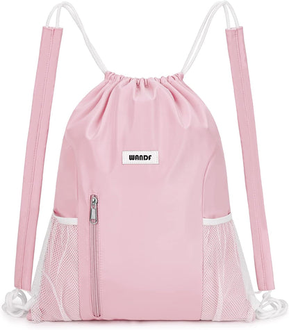 WANDF Drawstring Backpack with Shoulder Pad Sports Gym Backpack with Mesh Pocket String Bag for Women Men(Pink)