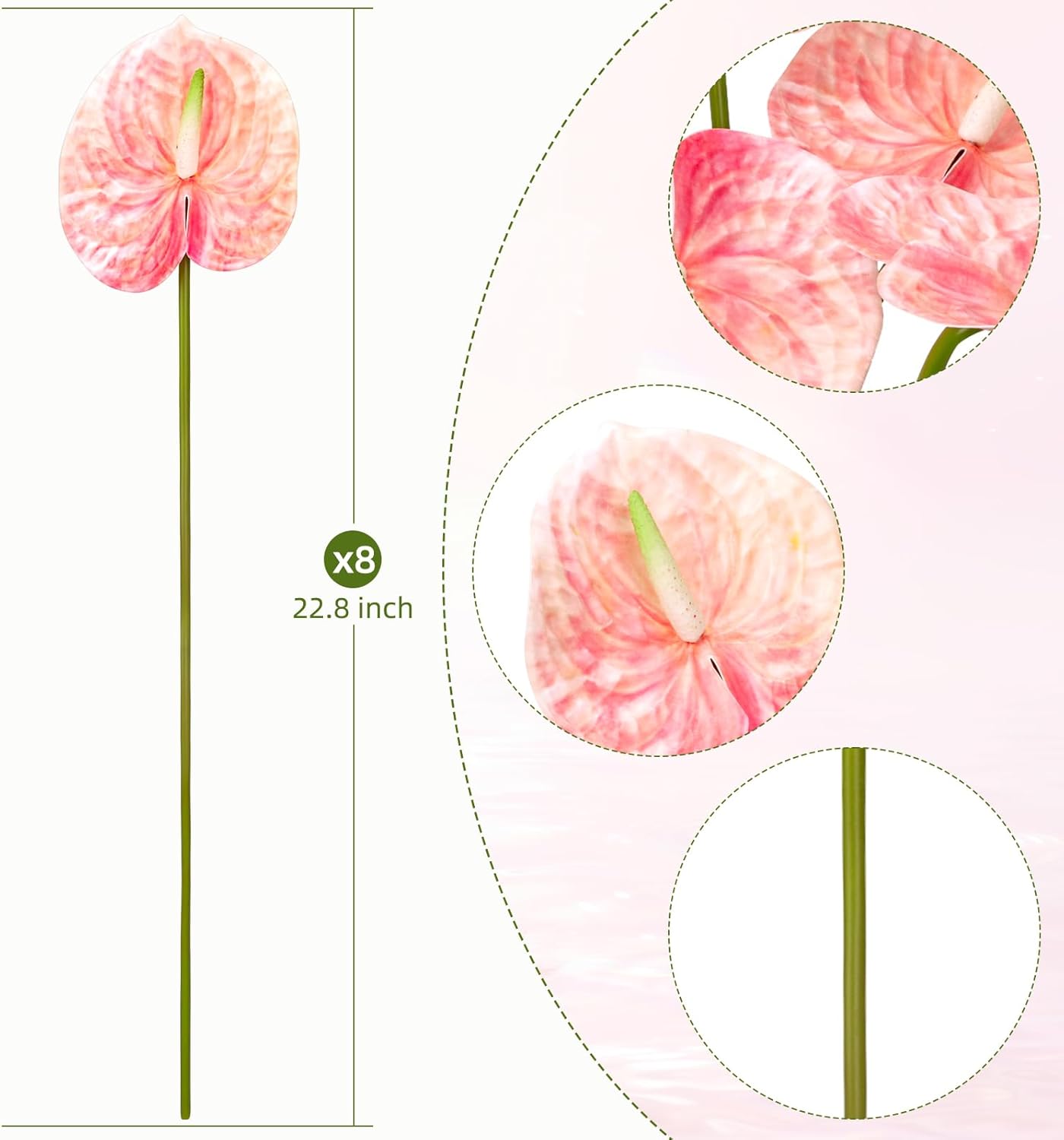 8PCS 22.8inch Anthurium Artificial Flowers Pink Faux Silk Anthurium Real Touch Flower Faux Floral Arrangement for Vase Table Centerpieces Wedding Garden Home Decoration (Pink)