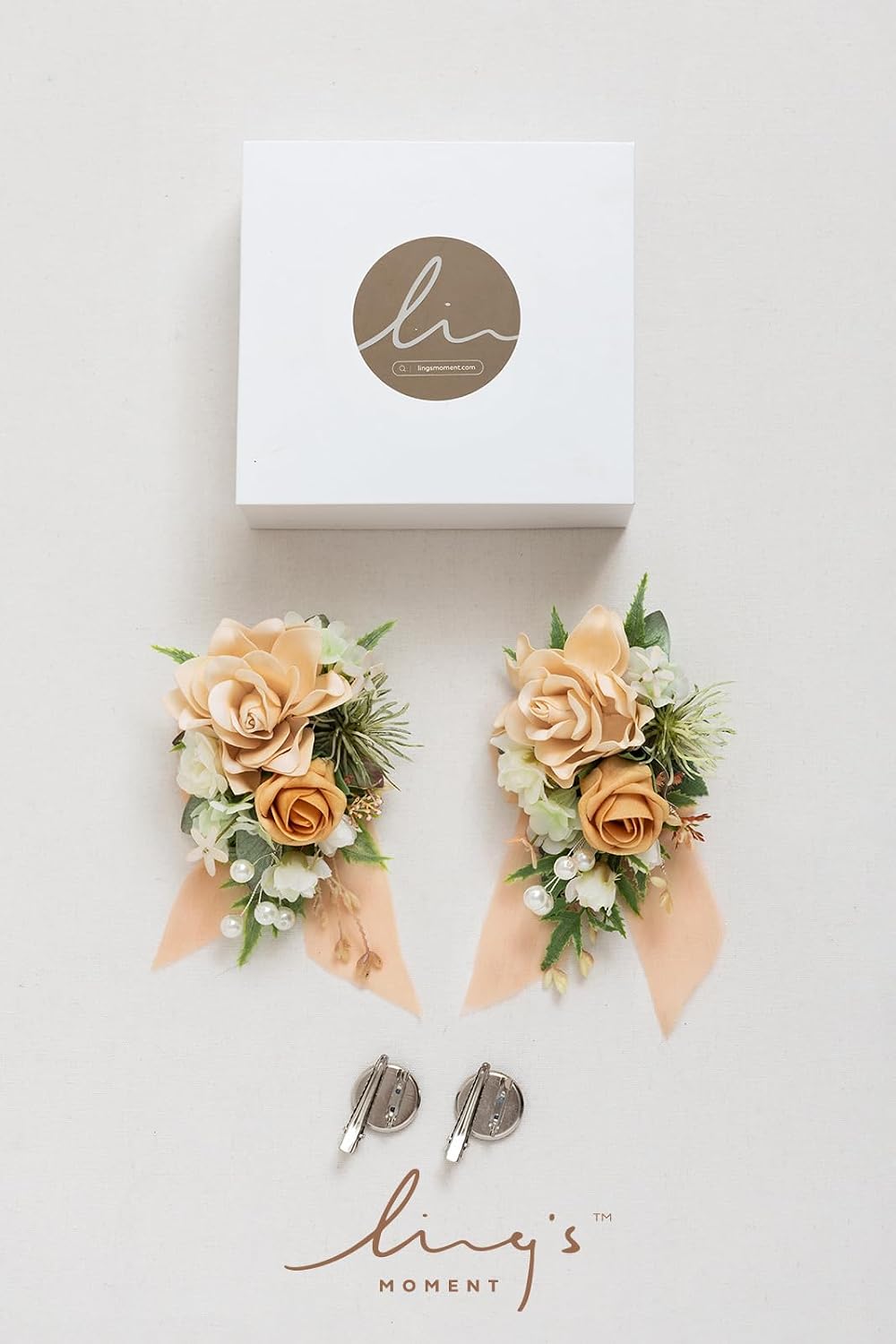 Ling's moment 2pcs Prom Wrist/Shoulder Corsage Artificial Flower, Girl/Mother Homecoming/Wedding Corsage Wristlet Décor, etc. Yellow Orange Peach
