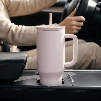 SANDJEST Pale Pink 40oz Tumbler with Handle and Straw, Insulated Stainless Steel Travel Coffee Mug for Women Girls, Gift Idea for Birthday Christmas Mothers Day