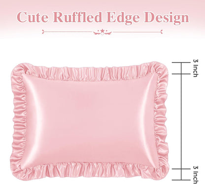 P Pothuiny 3-Piece Set Ruffle Satin Pillowcases & Twin Fitted Sheet, Luxury Blush Pink Satin Fitted Sheet Silky Soft Cute Bedding Bedroom Dorm Decor, Wrinkle Free, 15 Inch Deep Pocket
