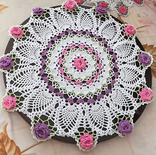 ABREEZE Round Floral Handmade Crochet Tablecloth,1 pc,19.7"x19.7",Cotton Purple & Pink Rose Country-Style Doily for Dining Table, Coffee Table and Nightstand