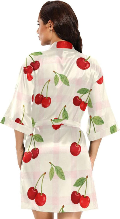 Fresh Cherry Pattern Pink Check Womans Bathrobes Comfy Sleeve Night Shirt for College Dorm