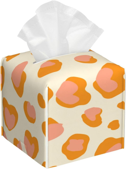 Peach Orange Spots Pink Leopard Pattern Tissue Box Cover Square Pu Leather Waterproof Tissue Box Holder for Car Bathroom Bedroom Office Tabletop Decor