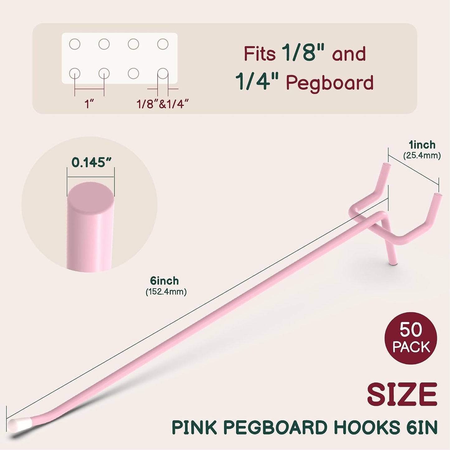 50-Pack Pink Pegboard Hooks 6 Inch - Fits 1/8 and 1/4 Inch Boards | Decorative Metal Peg Board Hangers with Rubber Safety Tips - Heavy Duty Organizer for Craft Room, Garage & Retail Display