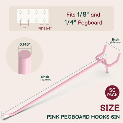 50-Pack Pink Pegboard Hooks 6 Inch - Fits 1/8 and 1/4 Inch Boards | Decorative Metal Peg Board Hangers with Rubber Safety Tips - Heavy Duty Organizer for Craft Room, Garage & Retail Display