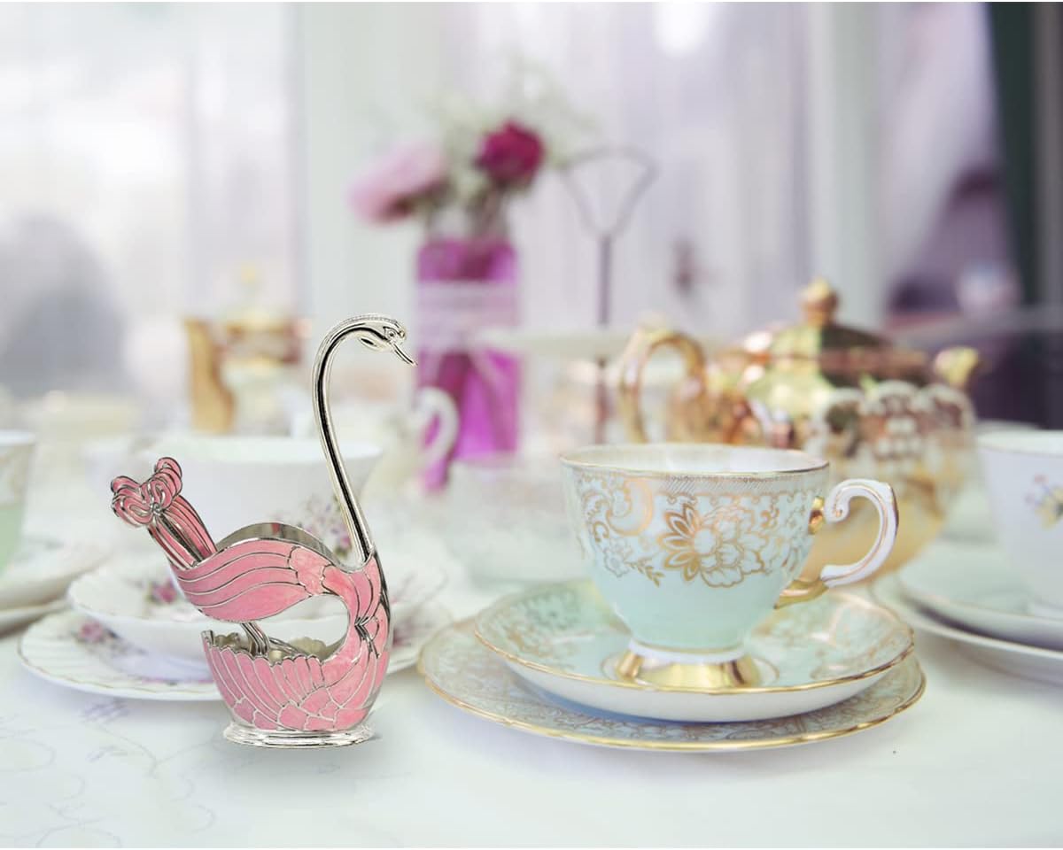 Flylin Metal Swan Base Holder: 6pcs Organizer Set with Ice Cream Spoons, Teaspoons, Dessert Spoon + Spoon Holder (Pink)