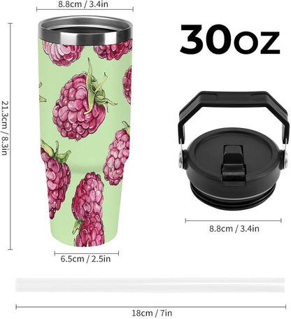 30 Oz Tumbler with Handle, Stainless Steel Peach Raspberry Pattern Travel Cup with Straw, Double Wall Vacuum Coffee Mug with Lid, Leak Proof Water Bottle for Party, Gift