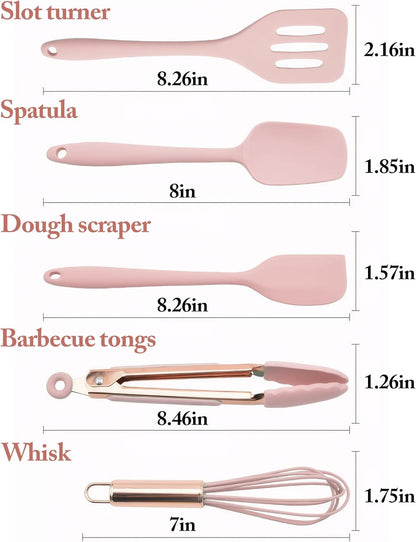 Kitchen Utensil Set,5 Pcs Mini Silicone Cooking Utensils Sets,Heat Resistant Non Stick Kitchens Gadgets BPA-Free Spatula Set,Kitchen Set for Cooking(Pink)