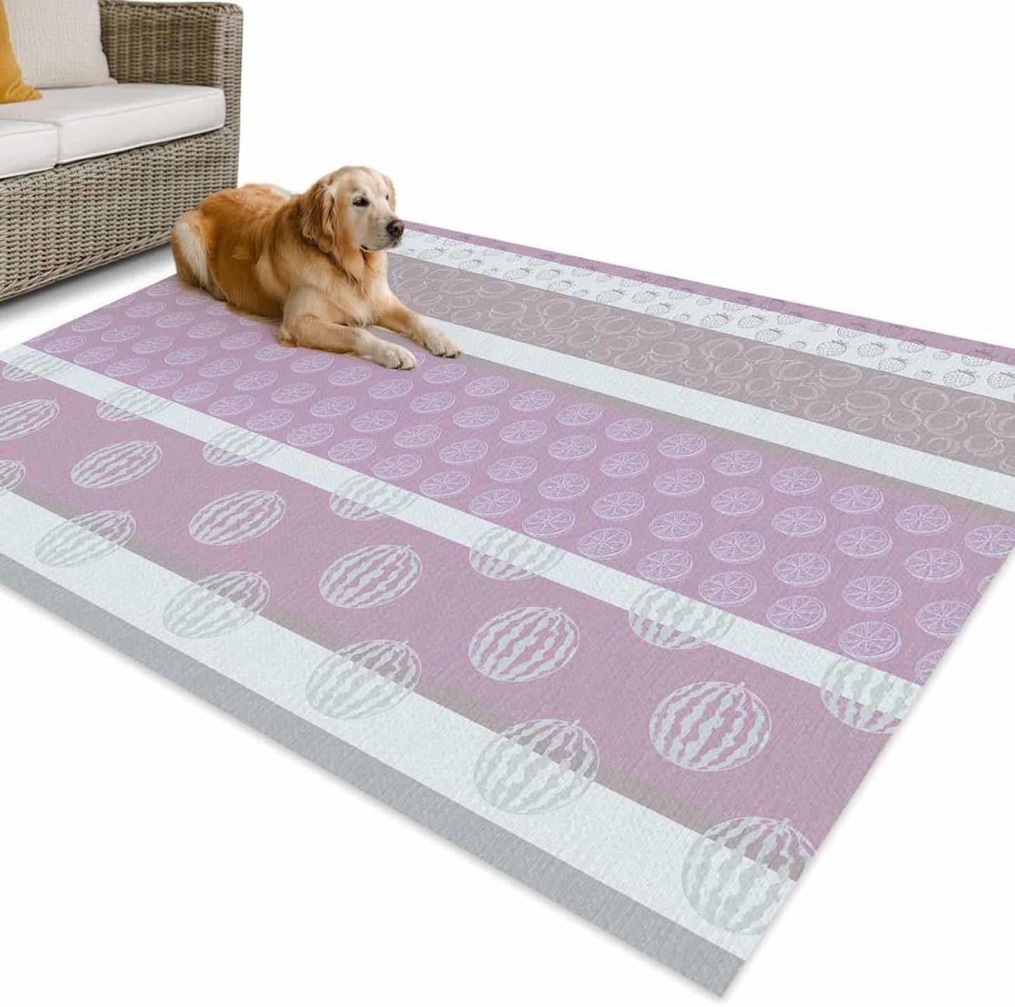 Farm Fruits Area Rug 4' x 6', Outdoor Rugs for Patio Rug Carpet for Sofa Living Room Bedroom, Large Floor Mat and Rugs for RV, Backyard, Deck, Picnic, Watermelon Lemons Peach Pink Grey Striped